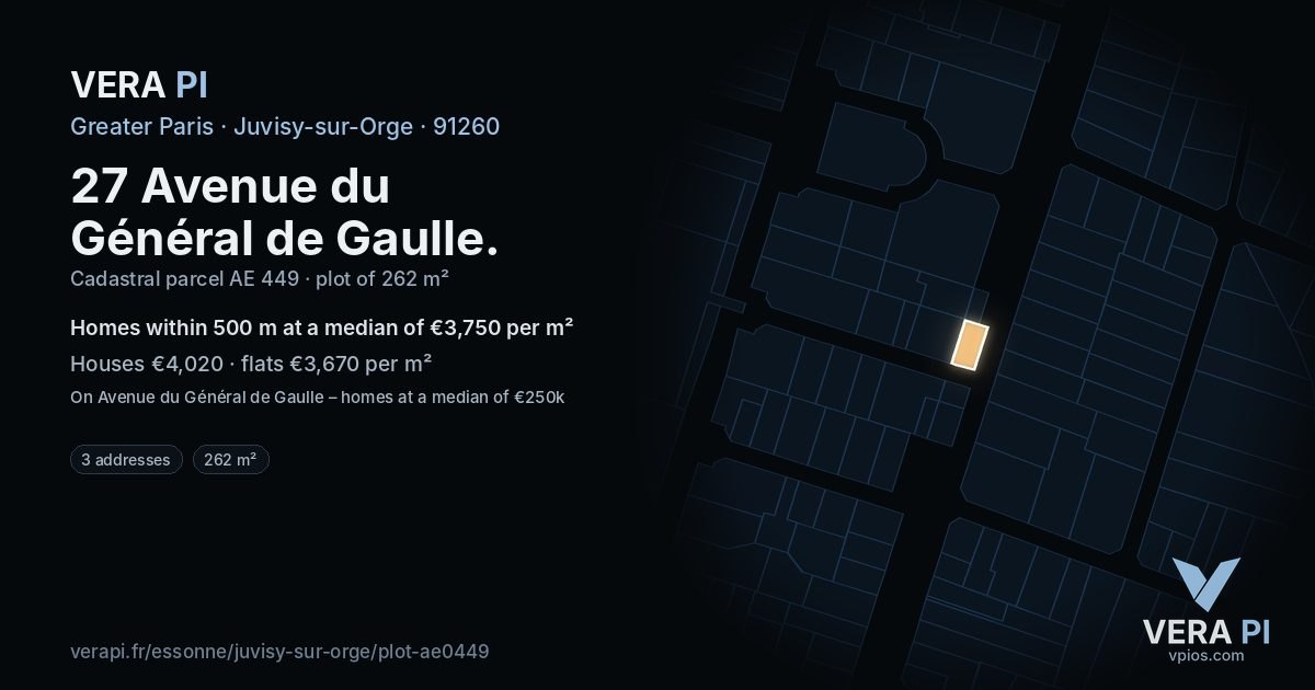 27 Avenue du Général de Gaulle, Juvisy-sur-Orge at night – the plot lit, the parcels around coloured by the prices near them