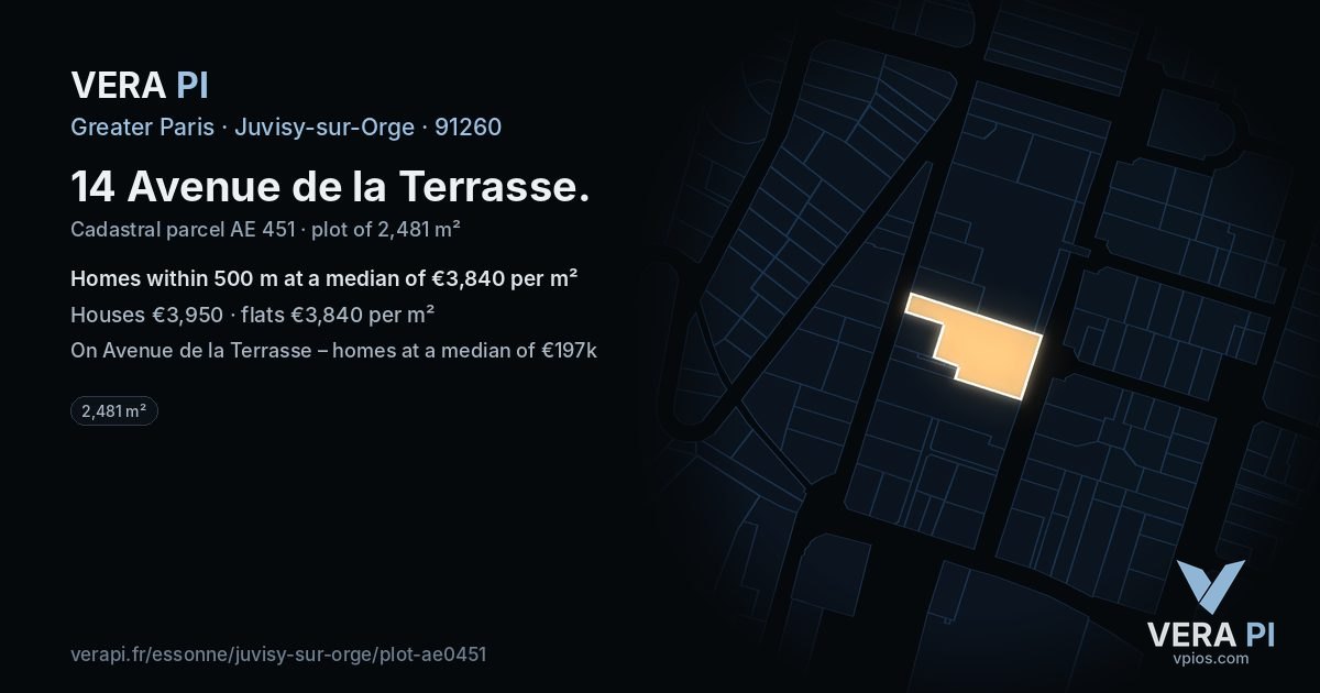 14 Avenue de la Terrasse, Juvisy-sur-Orge at night – the plot lit, the parcels around coloured by the prices near them