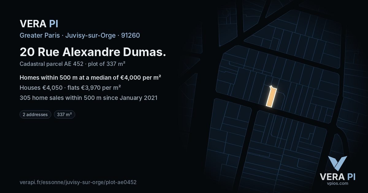 20 Rue Alexandre Dumas, Juvisy-sur-Orge at night – the plot lit, the parcels around coloured by the prices near them