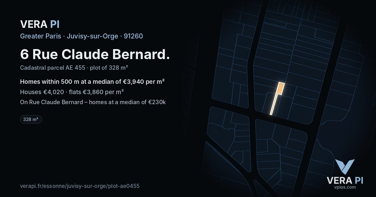 6 Rue Claude Bernard, Juvisy-sur-Orge at night – the plot lit, the parcels around coloured by the prices near them