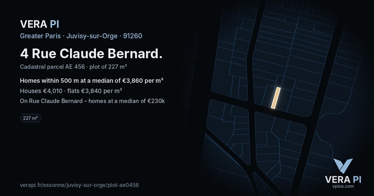 4 Rue Claude Bernard, Juvisy-sur-Orge at night – the plot lit, the parcels around coloured by the prices near them