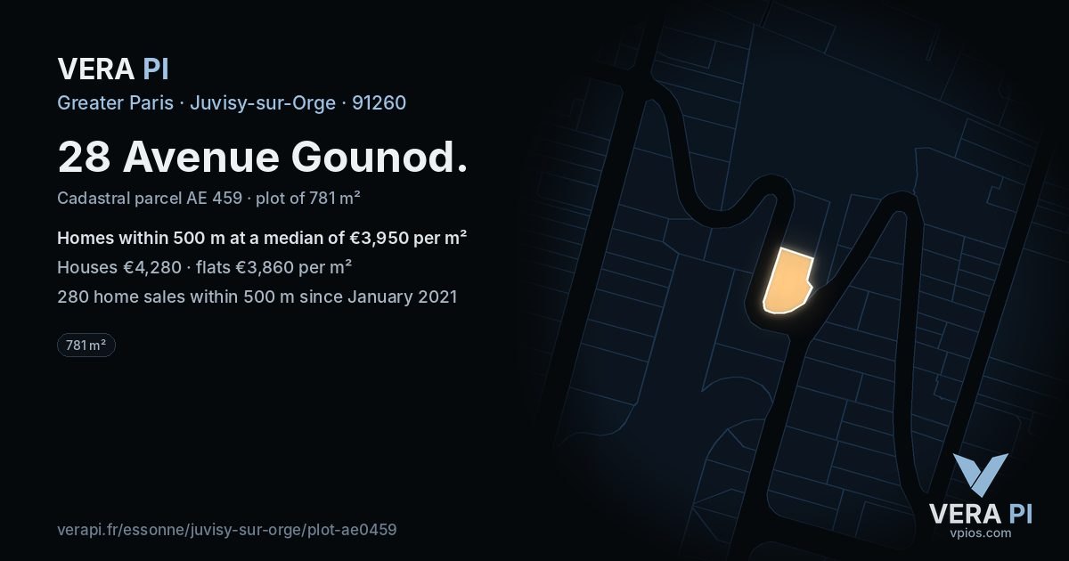 28 Avenue Gounod, Juvisy-sur-Orge at night – the plot lit, the parcels around coloured by the prices near them
