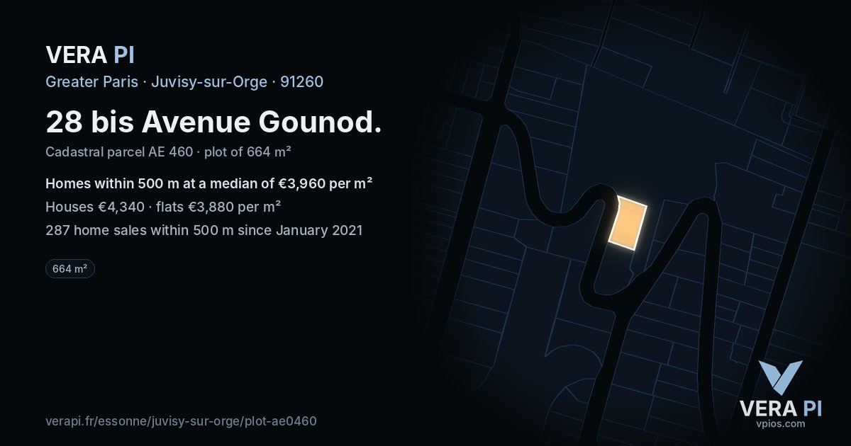 28 bis Avenue Gounod, Juvisy-sur-Orge at night – the plot lit, the parcels around coloured by the prices near them