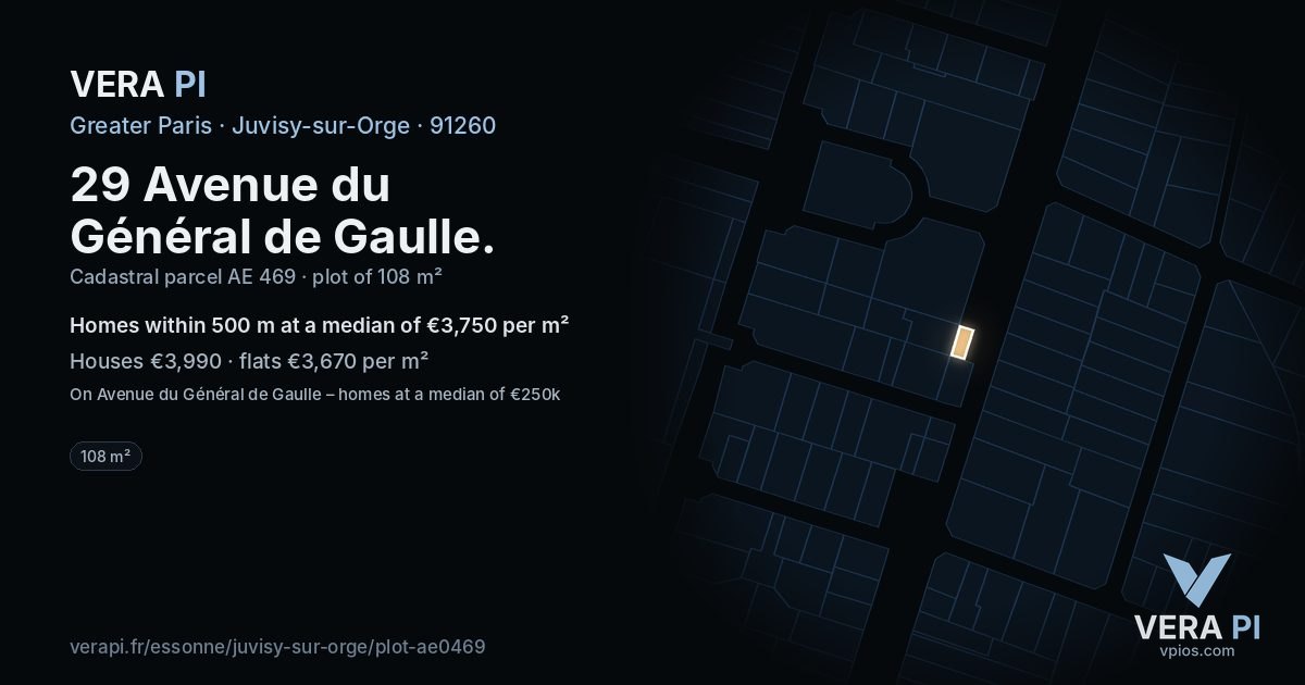 29 Avenue du Général de Gaulle, Juvisy-sur-Orge at night – the plot lit, the parcels around coloured by the prices near them