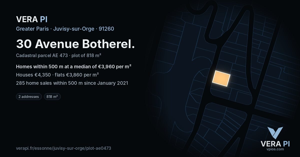 30 Avenue Botherel, Juvisy-sur-Orge at night – the plot lit, the parcels around coloured by the prices near them