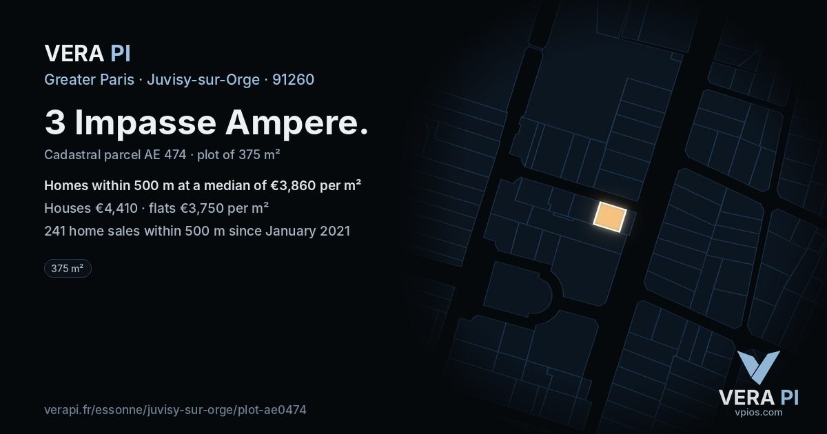 3 Impasse Ampere, Juvisy-sur-Orge at night – the plot lit, the parcels around coloured by the prices near them