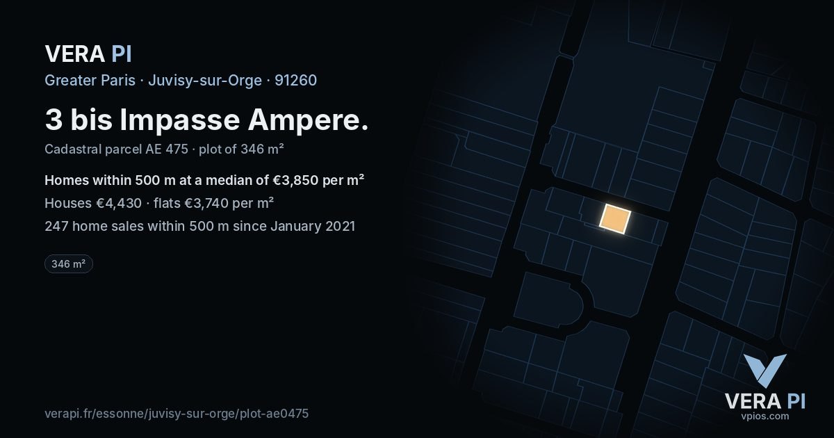 3 bis Impasse Ampere, Juvisy-sur-Orge at night – the plot lit, the parcels around coloured by the prices near them