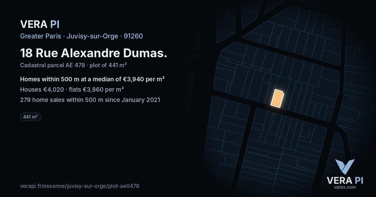 18 Rue Alexandre Dumas, Juvisy-sur-Orge at night – the plot lit, the parcels around coloured by the prices near them