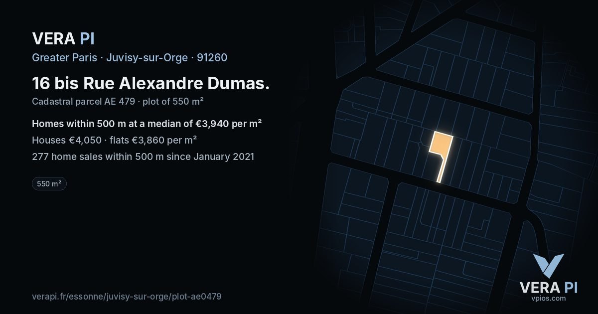 16 bis Rue Alexandre Dumas, Juvisy-sur-Orge at night – the plot lit, the parcels around coloured by the prices near them