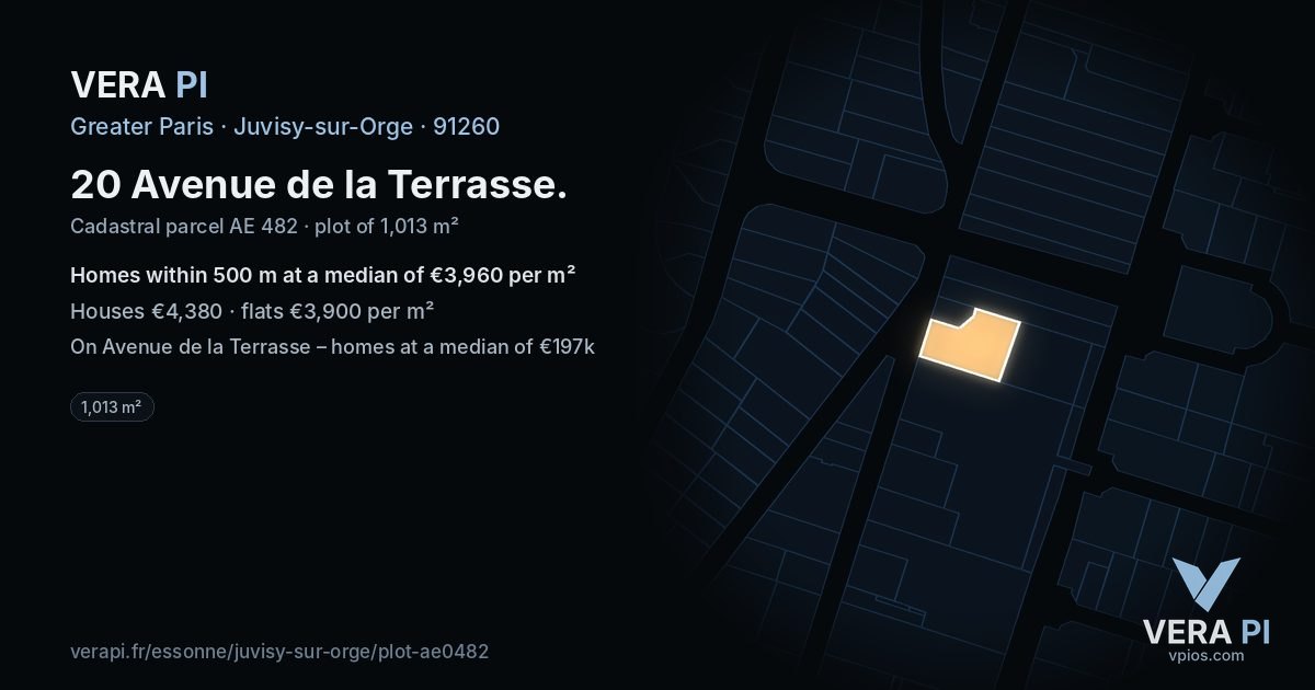 20 Avenue de la Terrasse, Juvisy-sur-Orge at night – the plot lit, the parcels around coloured by the prices near them