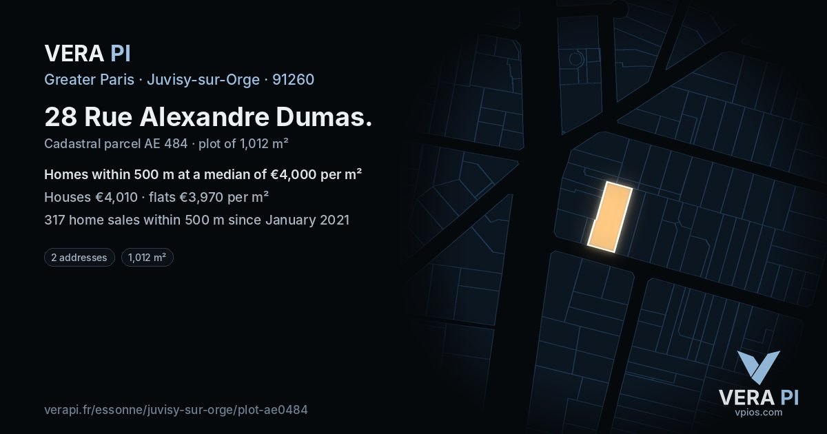 28 Rue Alexandre Dumas, Juvisy-sur-Orge at night – the plot lit, the parcels around coloured by the prices near them