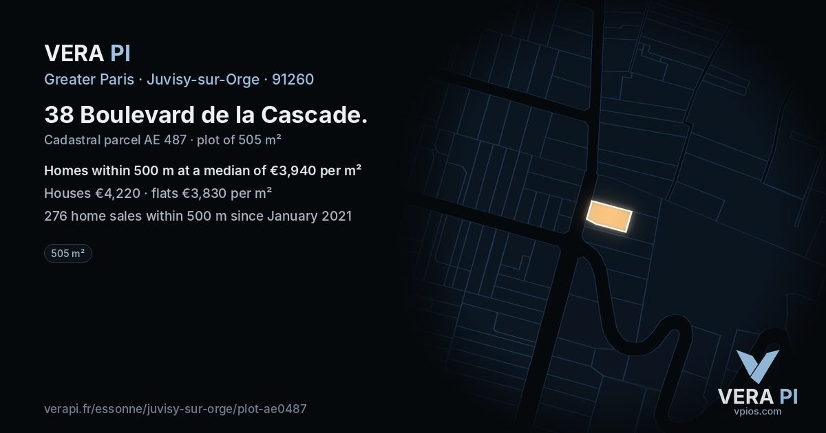 38 Boulevard de la Cascade, Juvisy-sur-Orge at night – the plot lit, the parcels around coloured by the prices near them