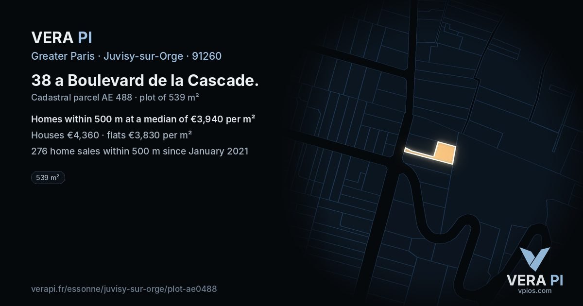 38 a Boulevard de la Cascade, Juvisy-sur-Orge at night – the plot lit, the parcels around coloured by the prices near them