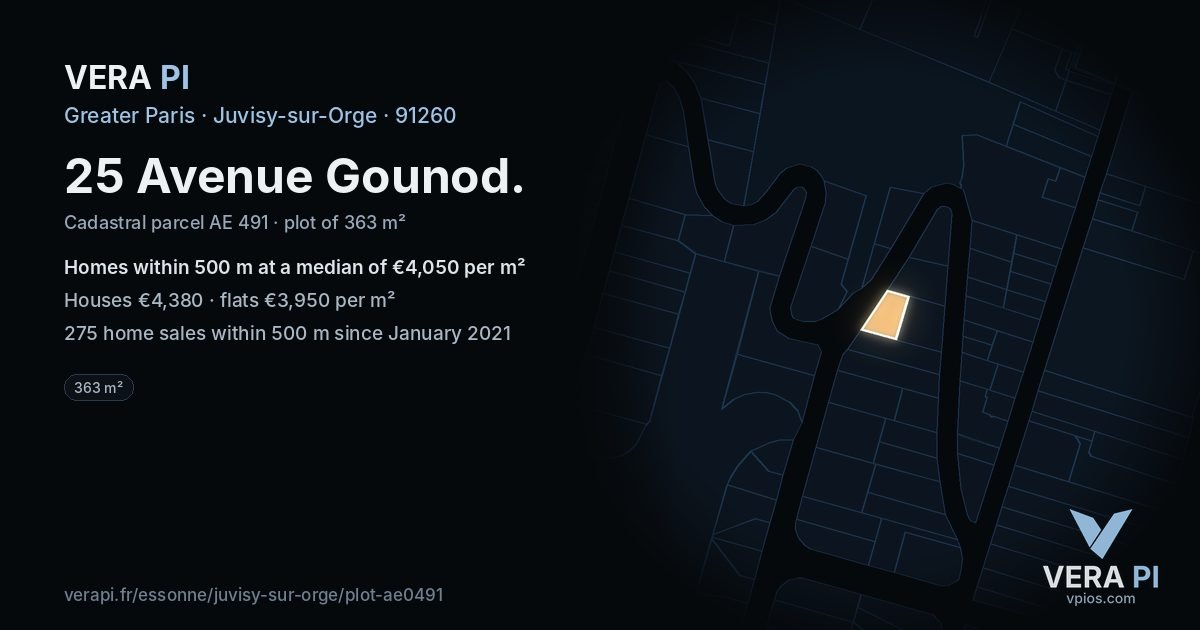 25 Avenue Gounod, Juvisy-sur-Orge at night – the plot lit, the parcels around coloured by the prices near them
