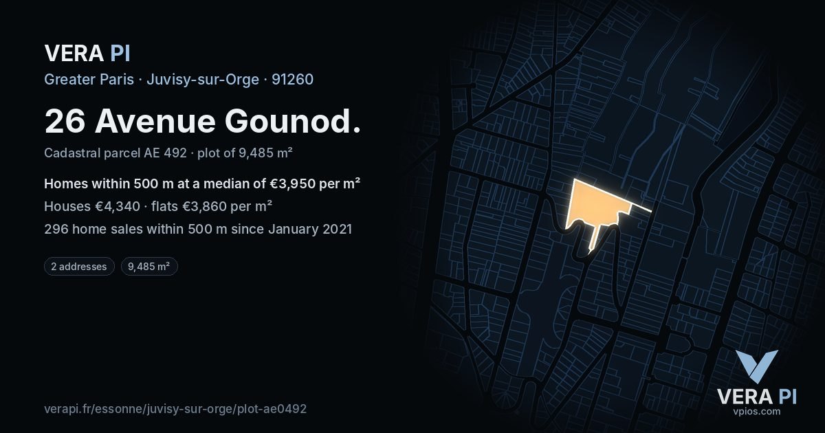 26 Avenue Gounod, Juvisy-sur-Orge at night – the plot lit, the parcels around coloured by the prices near them