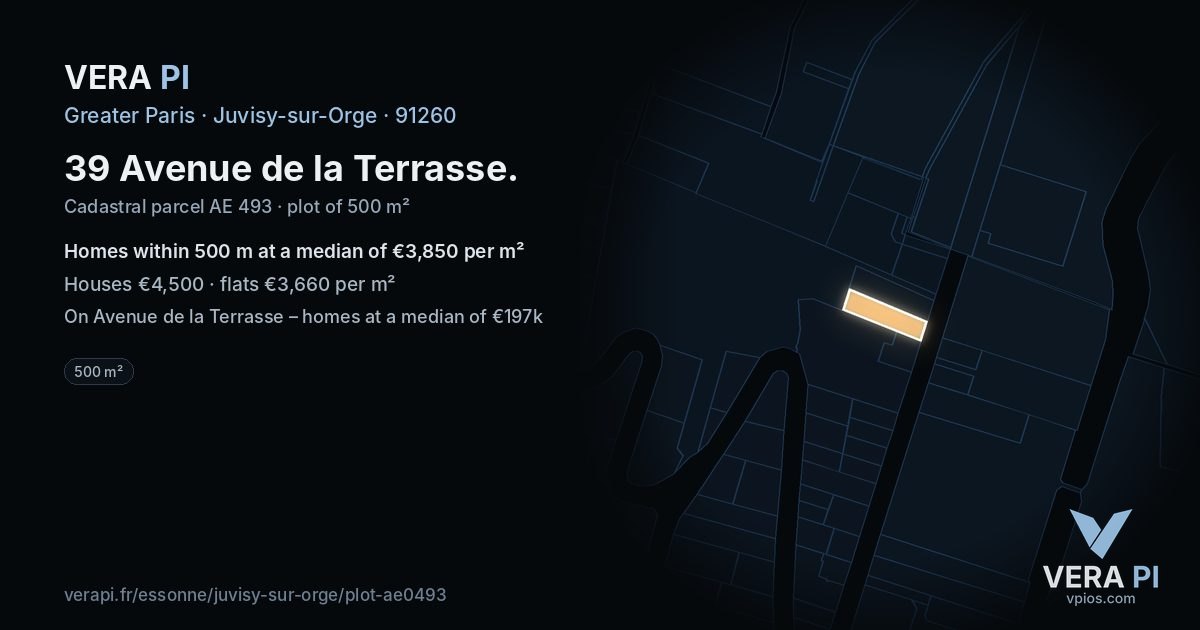 39 Avenue de la Terrasse, Juvisy-sur-Orge at night – the plot lit, the parcels around coloured by the prices near them