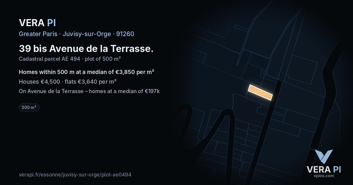 39 bis Avenue de la Terrasse, Juvisy-sur-Orge at night – the plot lit, the parcels around coloured by the prices near them