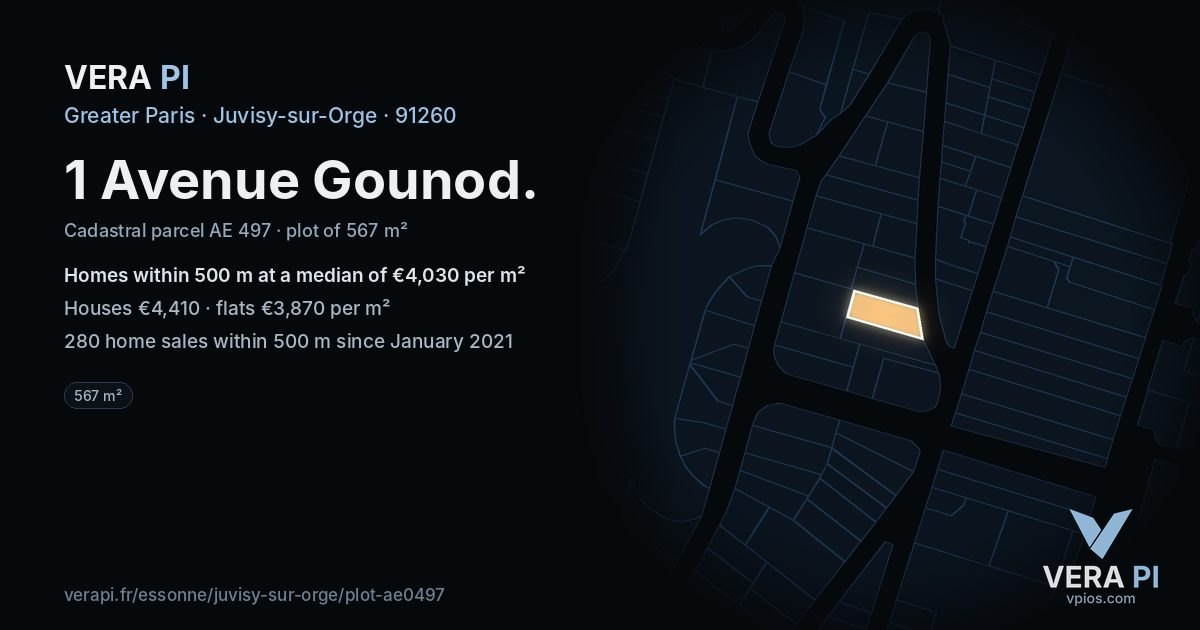 1 Avenue Gounod, Juvisy-sur-Orge at night – the plot lit, the parcels around coloured by the prices near them