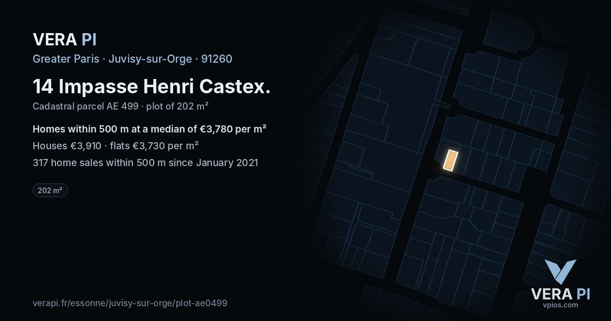 14 Impasse Henri Castex, Juvisy-sur-Orge at night – the plot lit, the parcels around coloured by the prices near them