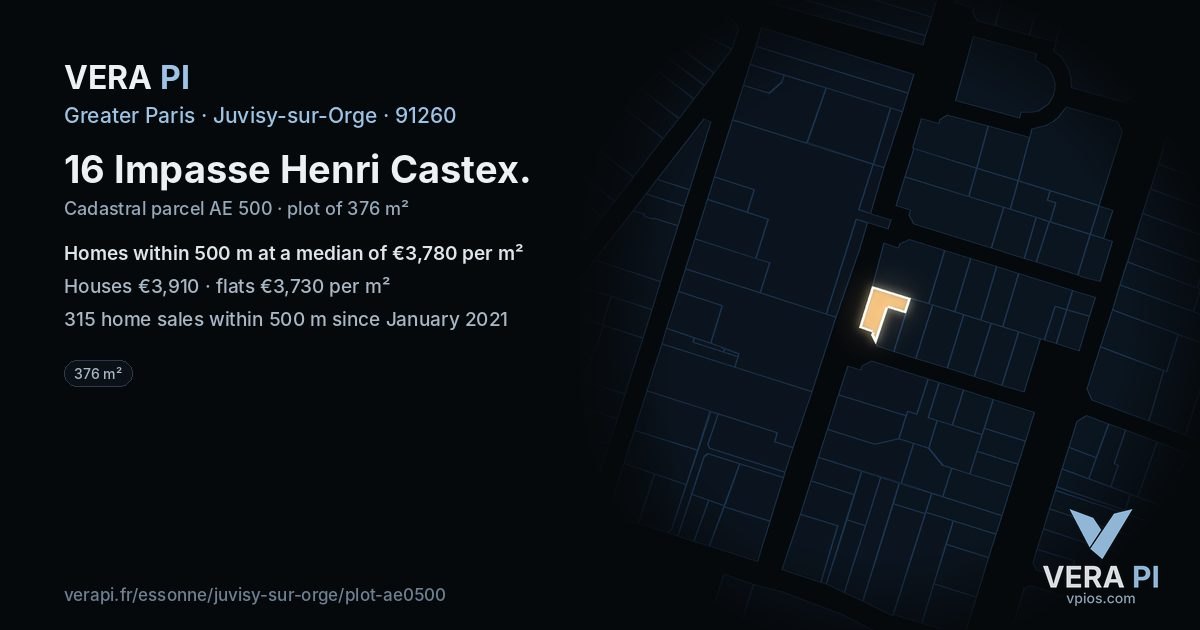 16 Impasse Henri Castex, Juvisy-sur-Orge at night – the plot lit, the parcels around coloured by the prices near them