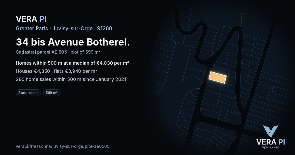 34 bis Avenue Botherel, Juvisy-sur-Orge at night – the plot lit, the parcels around coloured by the prices near them