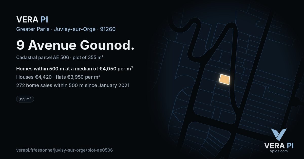 9 Avenue Gounod, Juvisy-sur-Orge at night – the plot lit, the parcels around coloured by the prices near them