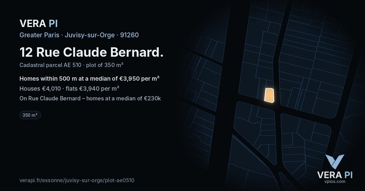 12 Rue Claude Bernard, Juvisy-sur-Orge at night – the plot lit, the parcels around coloured by the prices near them