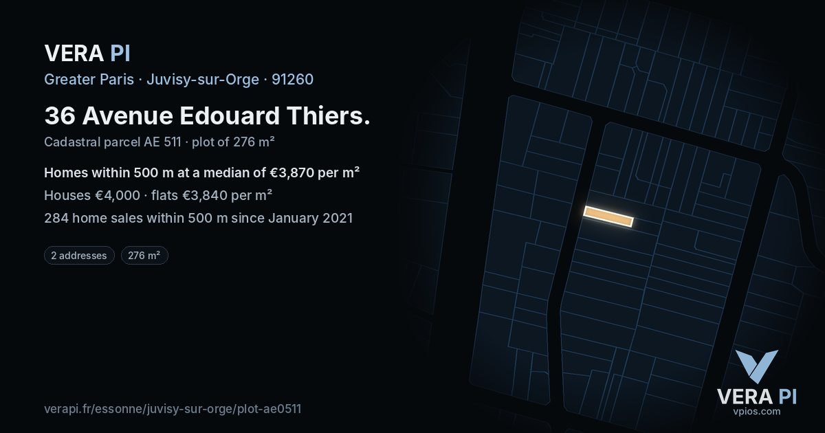 36 Avenue Edouard Thiers, Juvisy-sur-Orge at night – the plot lit, the parcels around coloured by the prices near them