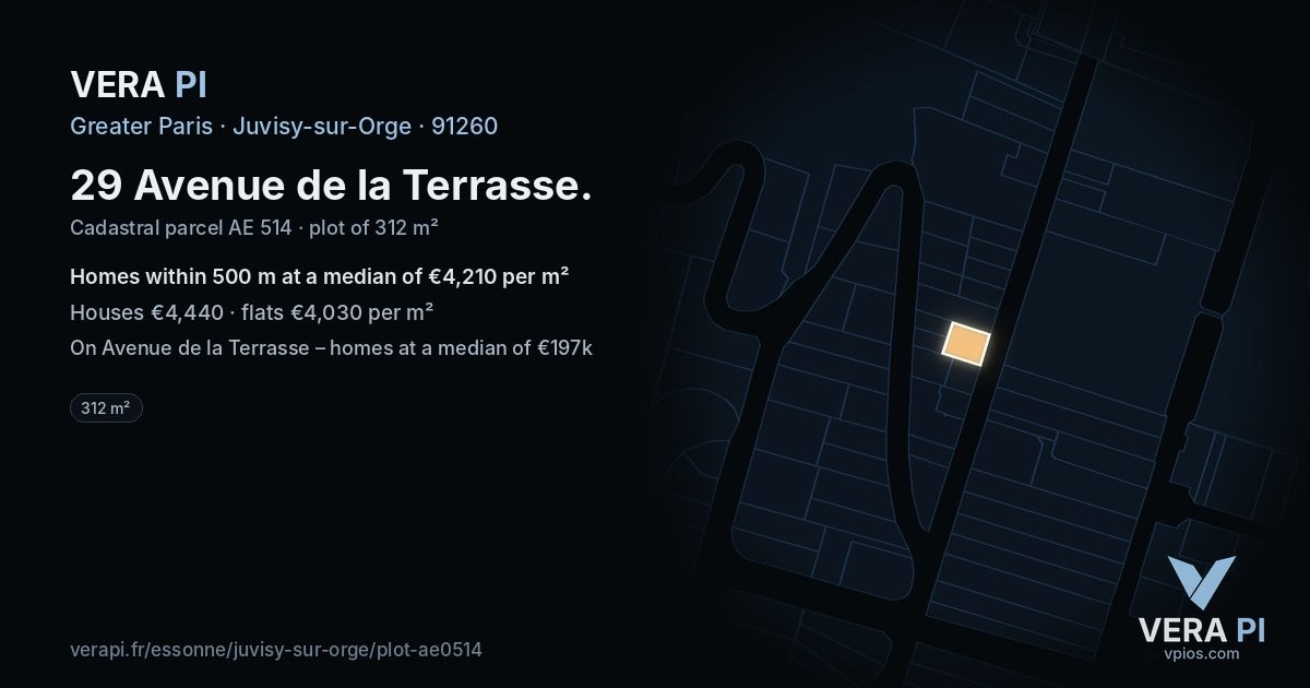 29 Avenue de la Terrasse, Juvisy-sur-Orge at night – the plot lit, the parcels around coloured by the prices near them