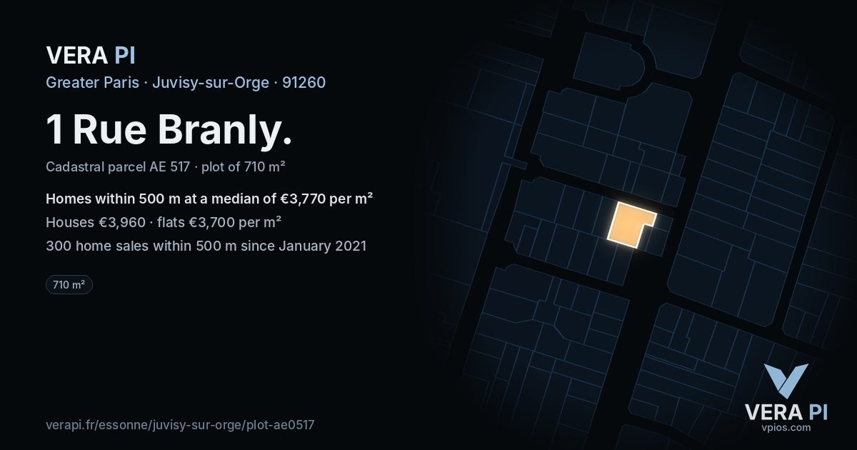 1 Rue Branly, Juvisy-sur-Orge at night – the plot lit, the parcels around coloured by the prices near them