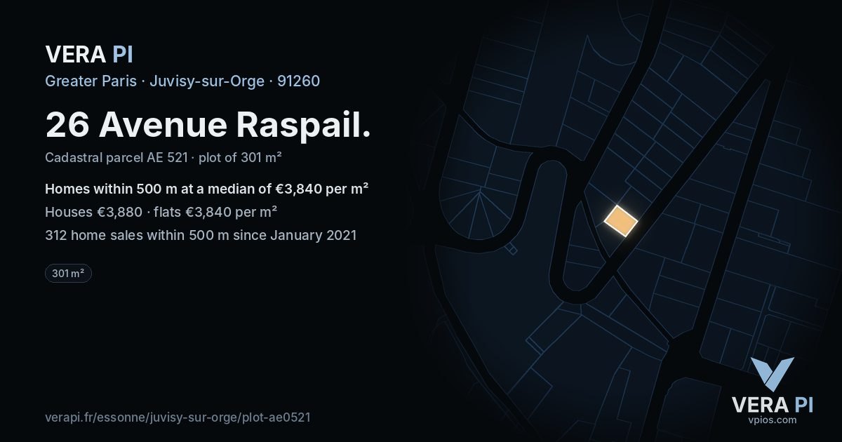 26 Avenue Raspail, Juvisy-sur-Orge at night – the plot lit, the parcels around coloured by the prices near them