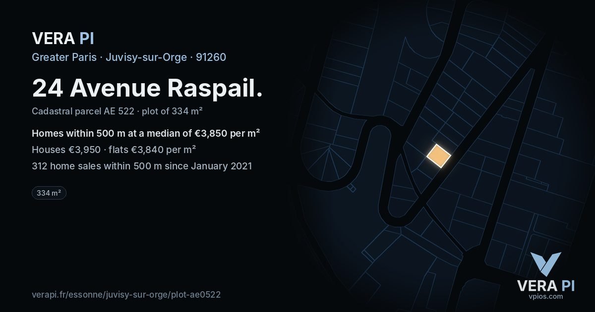24 Avenue Raspail, Juvisy-sur-Orge at night – the plot lit, the parcels around coloured by the prices near them
