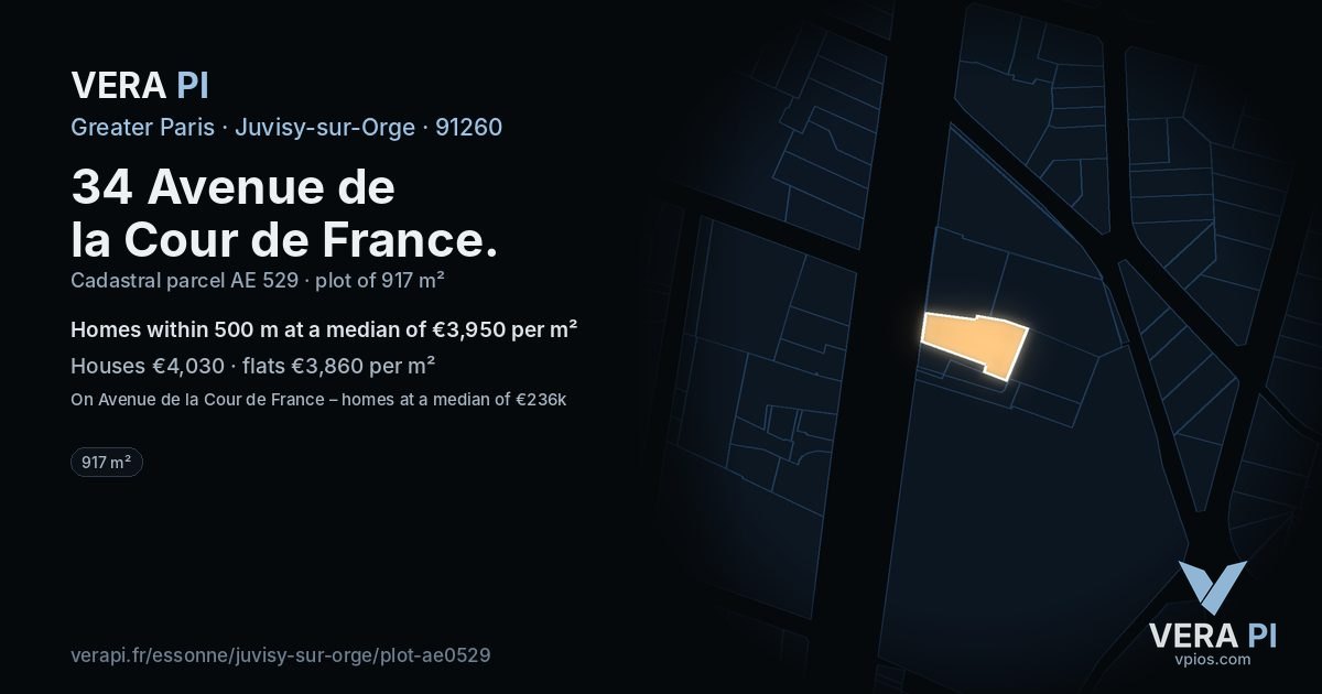 34 Avenue de la Cour de France, Juvisy-sur-Orge at night – the plot lit, the parcels around coloured by the prices near them