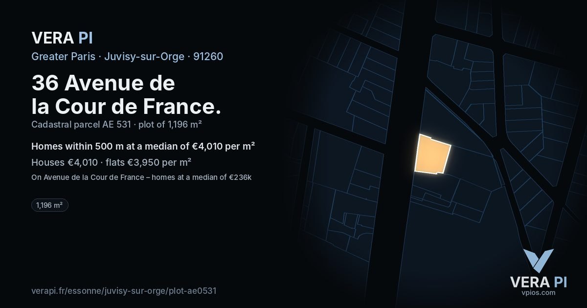 36 Avenue de la Cour de France, Juvisy-sur-Orge at night – the plot lit, the parcels around coloured by the prices near them