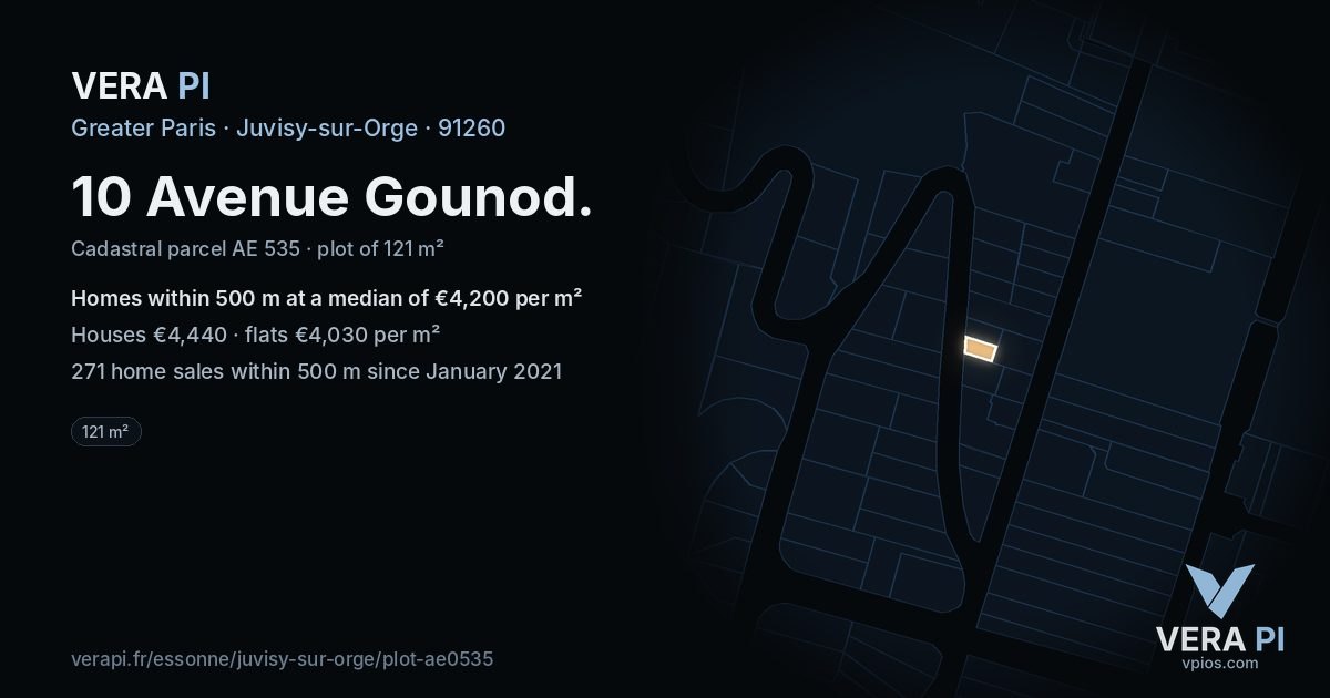 10 Avenue Gounod, Juvisy-sur-Orge at night – the plot lit, the parcels around coloured by the prices near them