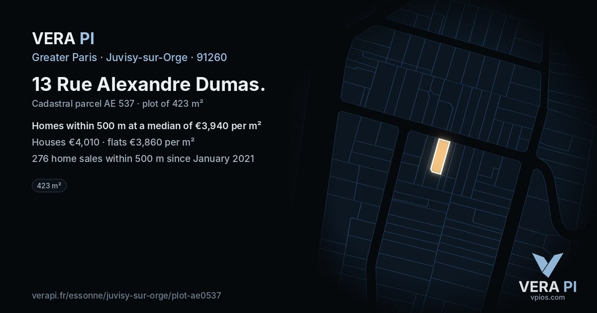 13 Rue Alexandre Dumas, Juvisy-sur-Orge at night – the plot lit, the parcels around coloured by the prices near them