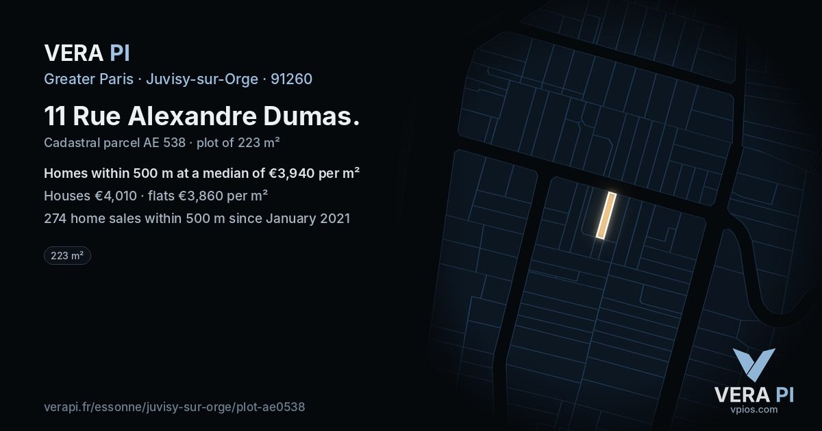 11 Rue Alexandre Dumas, Juvisy-sur-Orge at night – the plot lit, the parcels around coloured by the prices near them