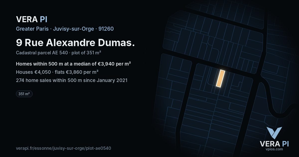 9 Rue Alexandre Dumas, Juvisy-sur-Orge at night – the plot lit, the parcels around coloured by the prices near them