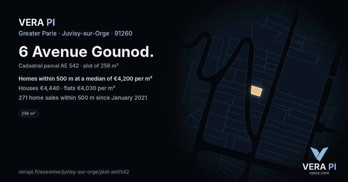 6 Avenue Gounod, Juvisy-sur-Orge at night – the plot lit, the parcels around coloured by the prices near them