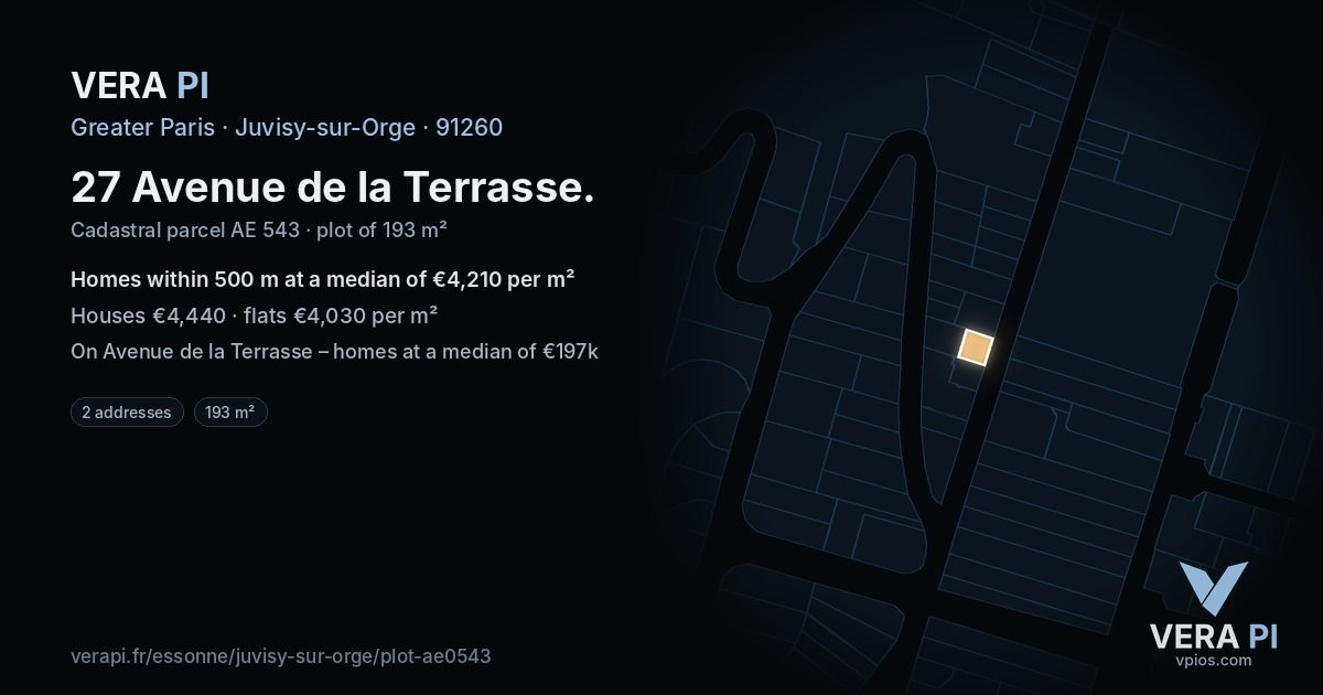 27 Avenue de la Terrasse, Juvisy-sur-Orge at night – the plot lit, the parcels around coloured by the prices near them