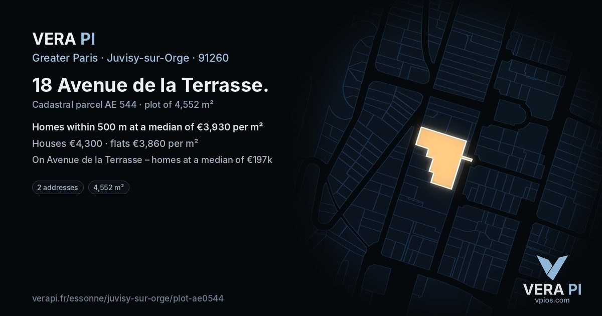 18 Avenue de la Terrasse, Juvisy-sur-Orge at night – the plot lit, the parcels around coloured by the prices near them