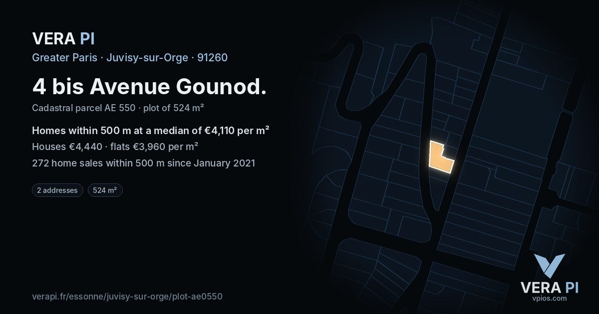 4 bis Avenue Gounod, Juvisy-sur-Orge at night – the plot lit, the parcels around coloured by the prices near them