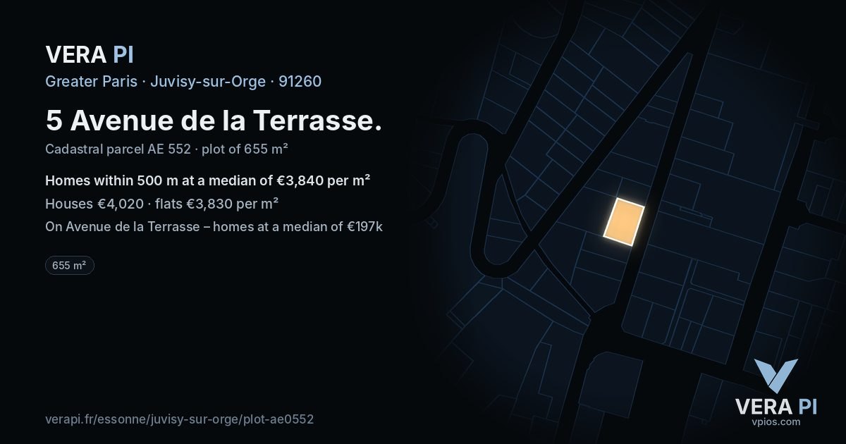 5 Avenue de la Terrasse, Juvisy-sur-Orge at night – the plot lit, the parcels around coloured by the prices near them