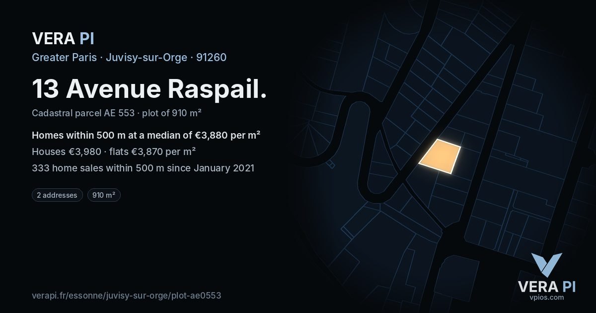 13 Avenue Raspail, Juvisy-sur-Orge at night – the plot lit, the parcels around coloured by the prices near them