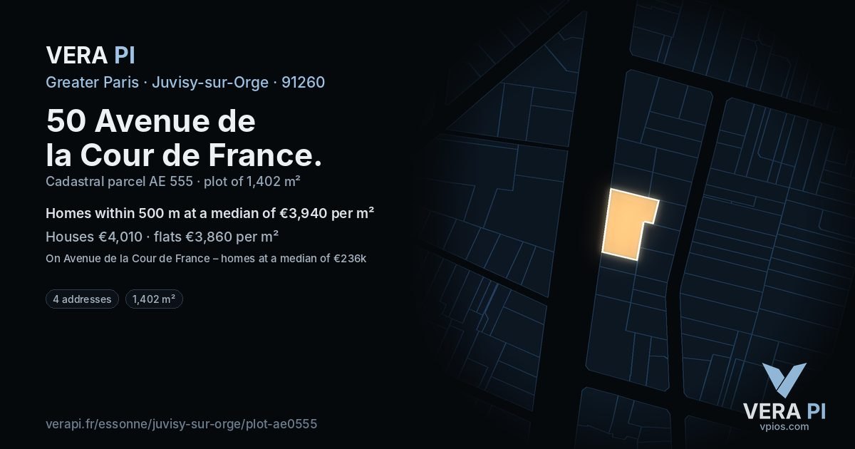 50 Avenue de la Cour de France, Juvisy-sur-Orge at night – the plot lit, the parcels around coloured by the prices near them