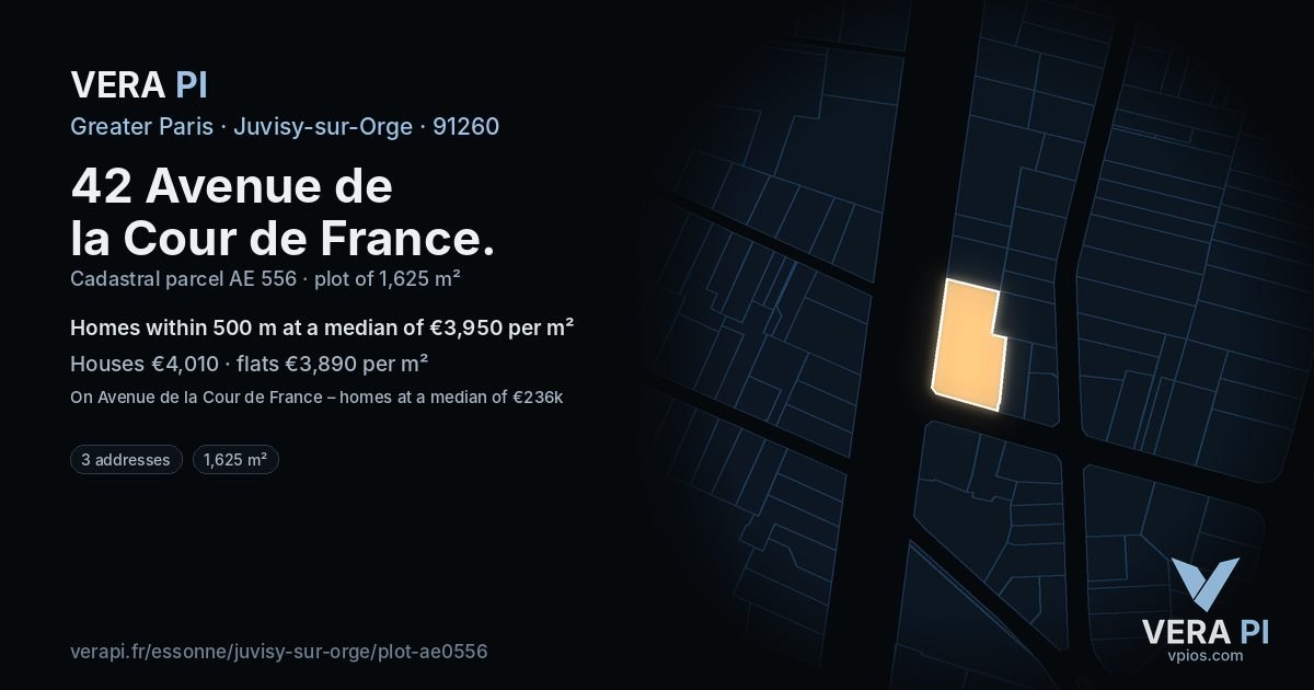 42 Avenue de la Cour de France, Juvisy-sur-Orge at night – the plot lit, the parcels around coloured by the prices near them