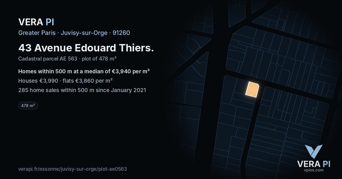 43 Avenue Edouard Thiers, Juvisy-sur-Orge at night – the plot lit, the parcels around coloured by the prices near them