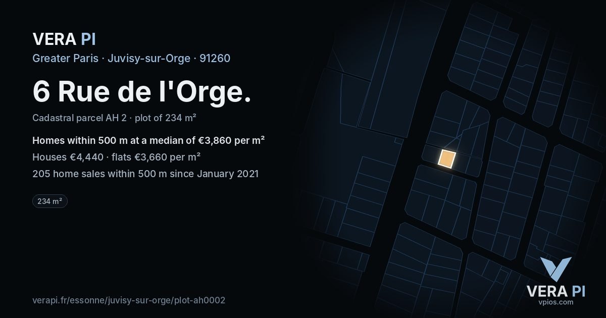 6 Rue de l'Orge, Juvisy-sur-Orge at night – the plot lit, the parcels around coloured by the prices near them