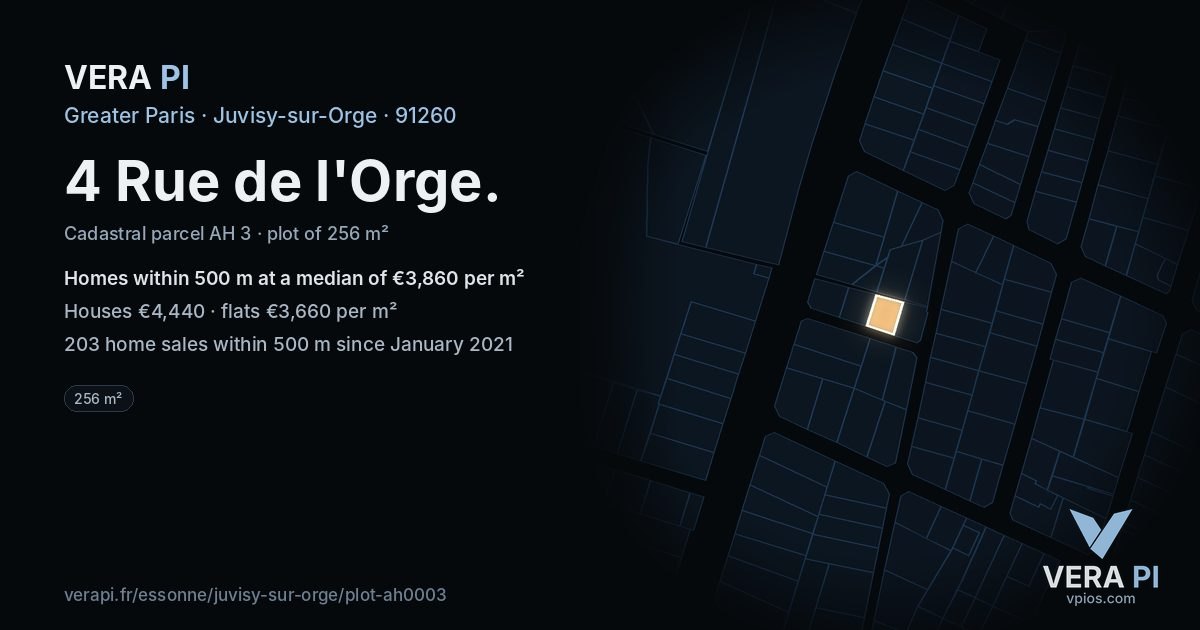4 Rue de l'Orge, Juvisy-sur-Orge at night – the plot lit, the parcels around coloured by the prices near them