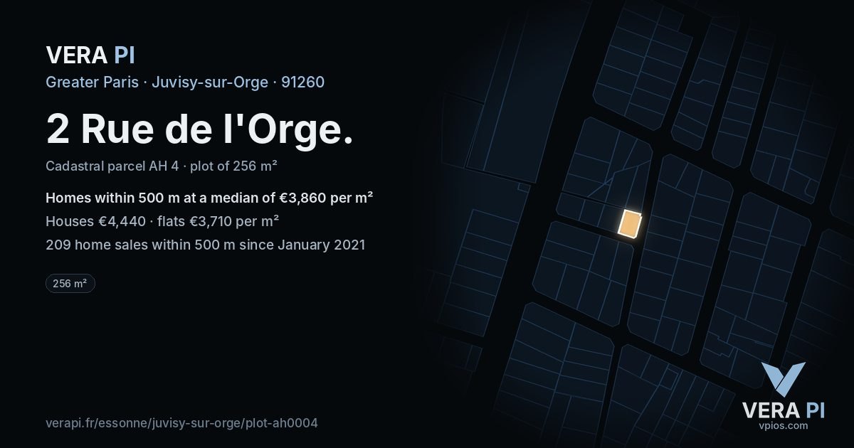 2 Rue de l'Orge, Juvisy-sur-Orge at night – the plot lit, the parcels around coloured by the prices near them